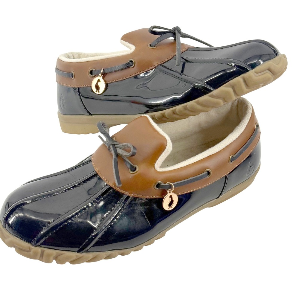Sporto Patty Duck Shoe Womens 8.5 Black Brown Faux Fur Lined Slip On Boat Shoe